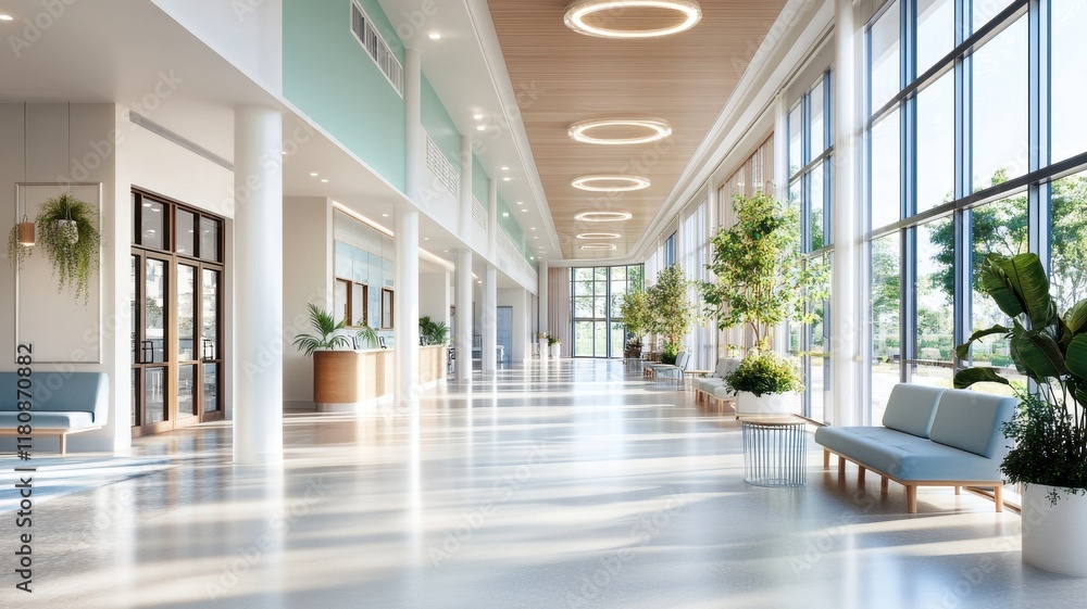 Bright and spacious hospital corridor in a modern 3D rendering, showcasing a clean and inviting healthcare environment. Bright and spacious hospital corridor in a modern 3D rendering, showcasing a clean and inviting healthcare environment.