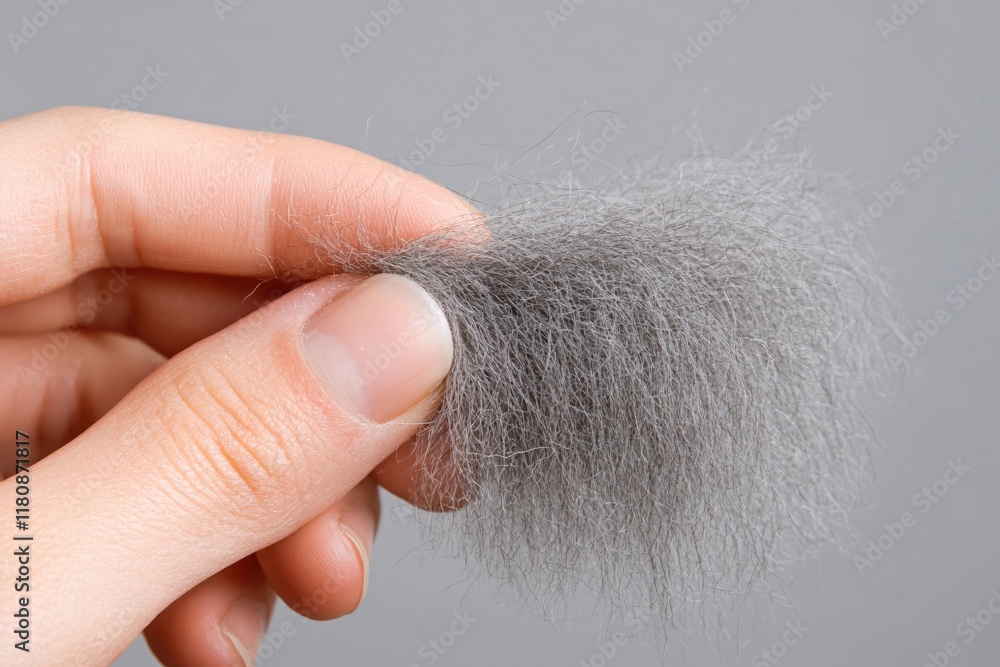 Close-Up of a Person Holding a Clump of Soft Grey Fiber in Their Fingers Close-Up of a Person Holding a Clump of Soft Grey Fiber in Their Fingers