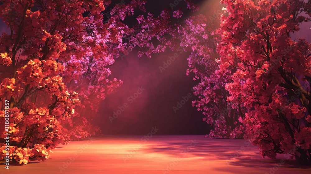Obraz premium Enchanting 3D Romantic Stage Backdrop with Vibrant Blossoms for Product Displays