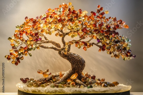 Gemstone Tree Art with Orange and Yellow Tones Resting on Rock Base Under Soft Lighting