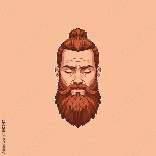 A stylized illustration of a redhead man with a topknot and a full, long beard his eyes are closed.