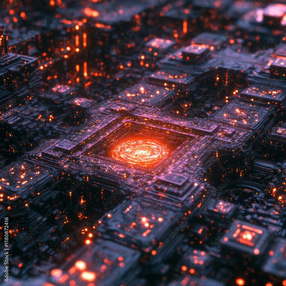 Glowing Circuit Board Center with Red Hot Core and Scattered Light Spots Surface Technology Glowing Circuit Board Center with Red Hot Core and Scattered Light Spots Surface Technology