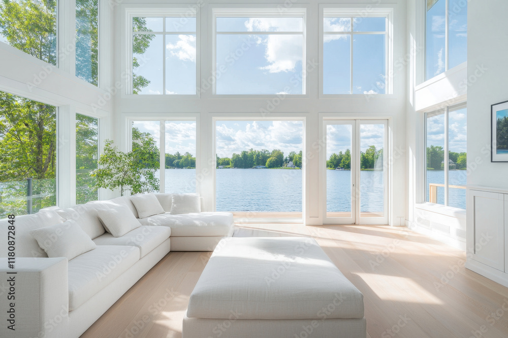 Large, open living room with a view of a lake Large, open living room with a view of a lake