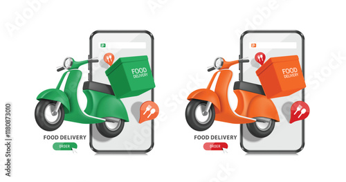 Scooter or motorcycle with a box or bag of food on the back, pin map to deliver food to customers and all flying in front of the smartphone, vector 3d isolated for delivery advertising design