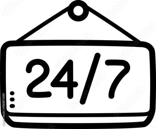 Open 24h doodle vector icon and illustration