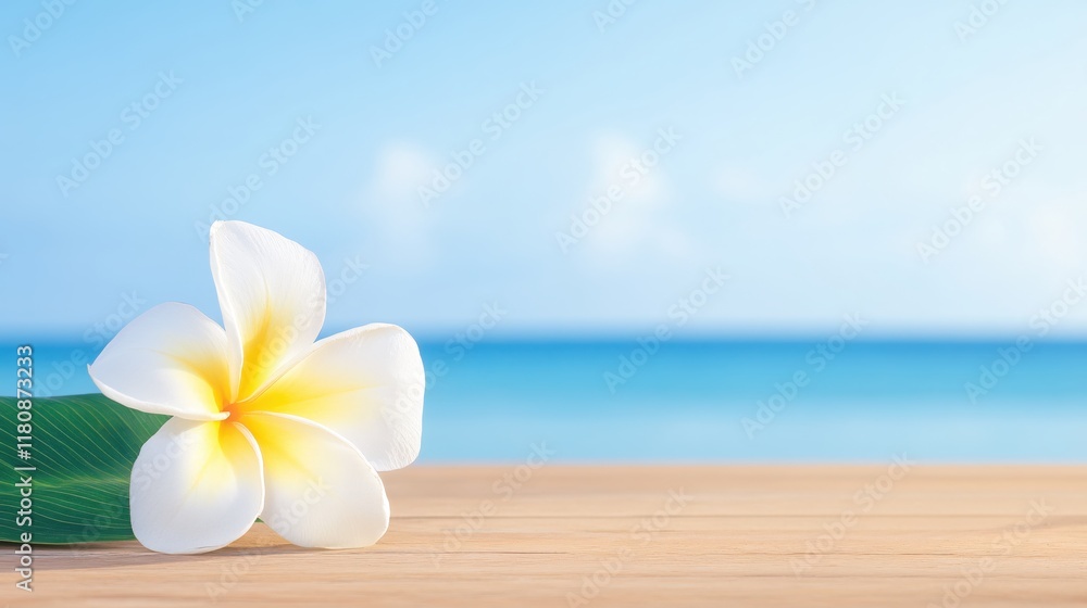 Beautiful Plumeria Flower on Wooden Table with Calm Ocean Background and Blue Sky