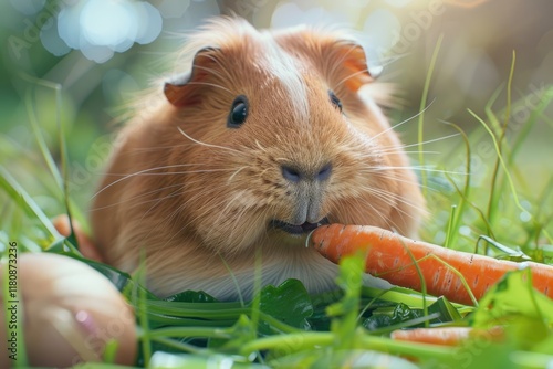 Funny fat guinea pig with a carrot in summer photo