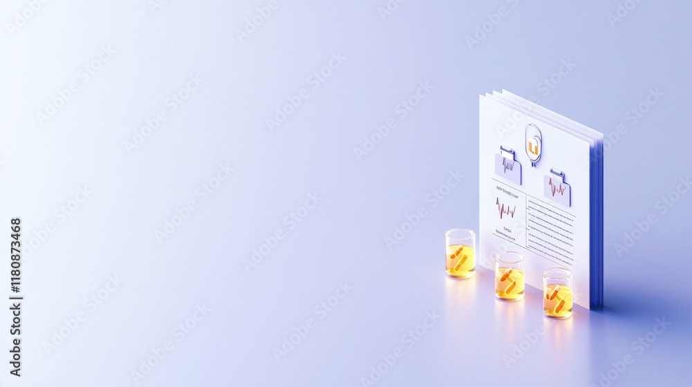 Business report with financial data and medication bottles. Business report with financial data and medication bottles.