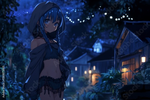 Hooded Figure In Village At Night Beneath Hanging Lights Blue Hair And Braids And Dark Clothes photo