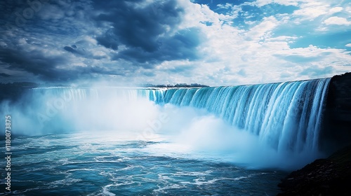 Cascading Waterfall Majestic Landscape With Dynamic Clouds Overhead Sky Scenery Scene