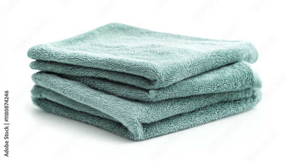 Soft, elegant teal towels stacked on a white isolate background. Soft, elegant teal towels stacked on a white isolate background.