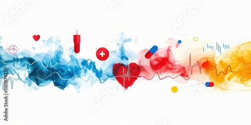 Colorful painting of a heart and other medical symbols