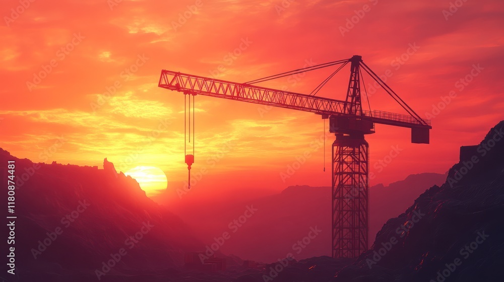 Sunset Crane Silhouette, Mountain Construction Site Sunset Crane Silhouette, Mountain Construction Site