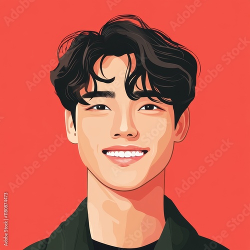 Digital Portrait of a Person Smiling with Dark Hair on Red Background vector illustration art