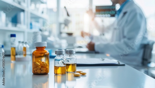 Lab bench with a bottle of pills and a clipboard with a doctor's name on it