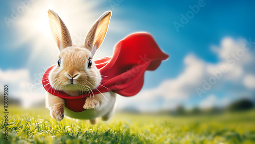 Wallpaper Mural A cute rabbit wearing a red robe is jumping on the grass field. Torontodigital.ca