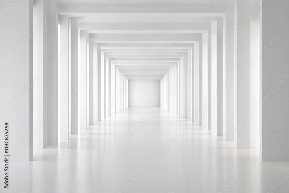 Long, narrow hallway with white walls and white pillars Long, narrow hallway with white walls and white pillars