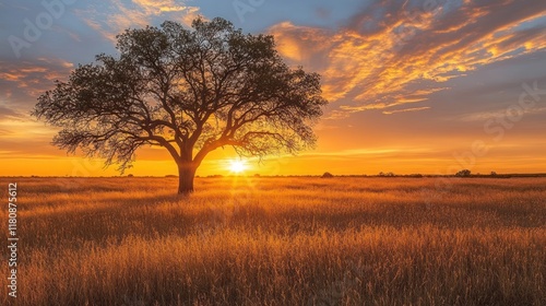 Lone tree sunset prairie landscape, golden hour, nature serenity, travel poster