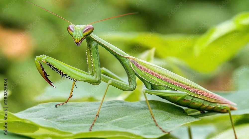 A close-up of a green praying mantis perched on a leaf in a natural setting. A close-up of a green praying mantis perched on a leaf in a natural setting.