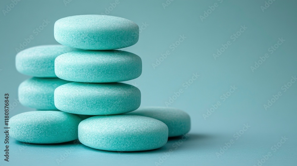 Stack of Teal Round Pills or Tablets on a Light Blue Background Stack of Teal Round Pills or Tablets on a Light Blue Background