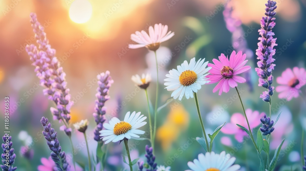Beautiful Sunset Over Field with Colorful Wildflowers, Showcasing Lavender and Daisies Under a Warm Sky Filled with Golden Light and Natural Beauty Beautiful Sunset Over Field with Colorful Wildflowers, Showcasing Lavender and Daisies Under a Warm Sky Filled with Golden Light and Natural Beauty