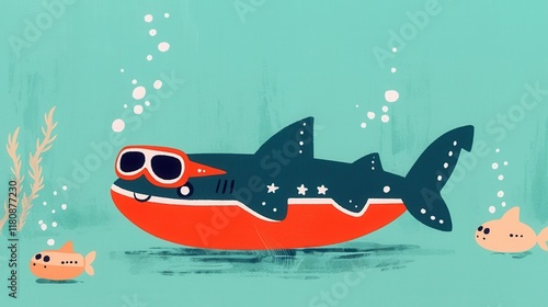 Chunky sci fi inspired cartoon of a shark creature wearing virtual reality styled headset or glasses swimming in an underwater environment with coral kelp and bubbles photo