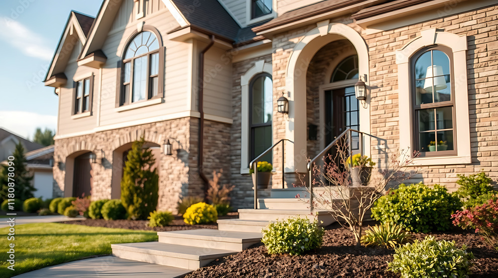 A two-story house with stone and beige siding. The front features a large arched entryway, steps, landscaping, and multiple windows. The style is upscale suburban residential. A two-story house with stone and beige siding. The front features a large arched entryway, steps, landscaping, and multiple windows. The style is upscale suburban residential.