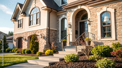 A two-story house with stone and beige siding.  The front features a large arched entryway  steps  landscaping  and multiple windows.  The style is upscale suburban residential.