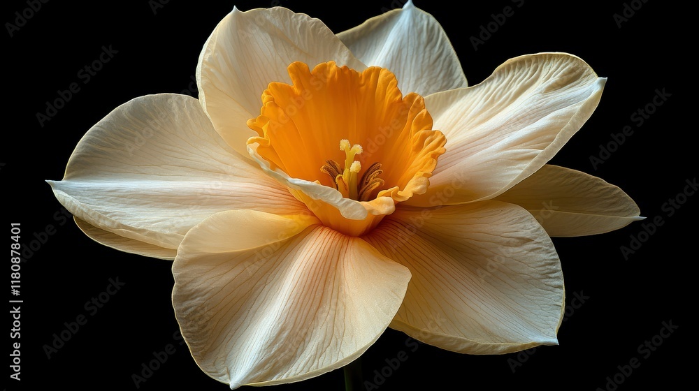 Fototapeta premium Elegant Cream and Orange Daffodil Flower Close-Up on Black Background