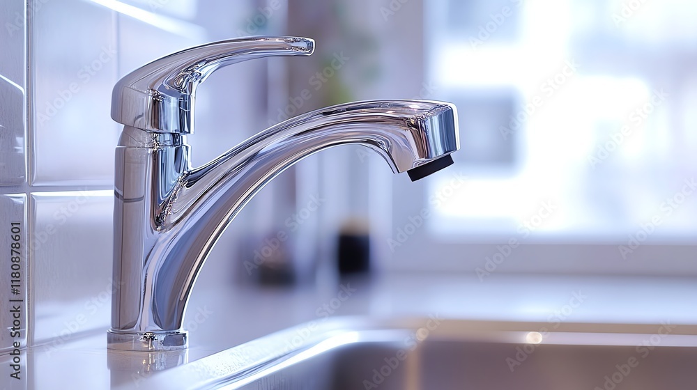 Modern chrome kitchen faucet over a sink, elegant and functional design. Modern chrome kitchen faucet over a sink, elegant and functional design.