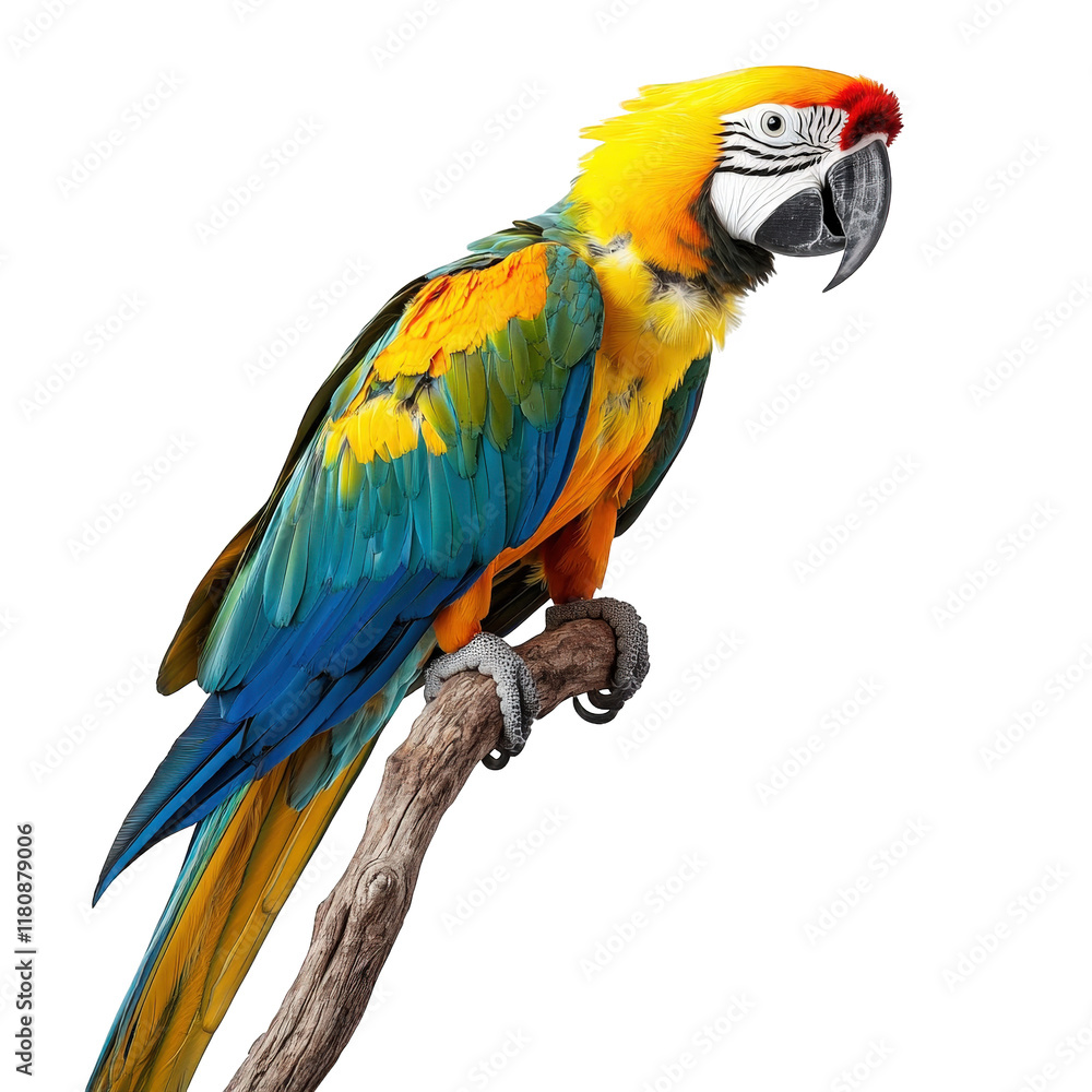 Obraz premium a vibrant macaw perched on a branch. displaying its striking plumage of yellow. blue. and green. with a distinctive red crown the clean white background emphasizes the bird's colorful feathers. making