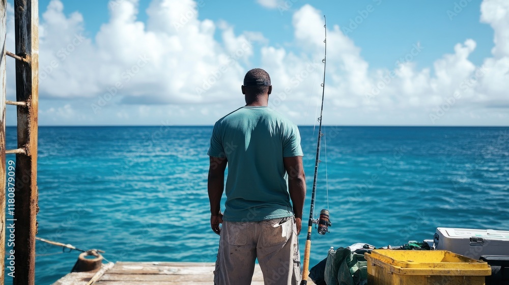 A man stands on a dock, fishing rod in hand, gazing at the tranquil ocean. A man stands on a dock, fishing rod in hand, gazing at the tranquil ocean.