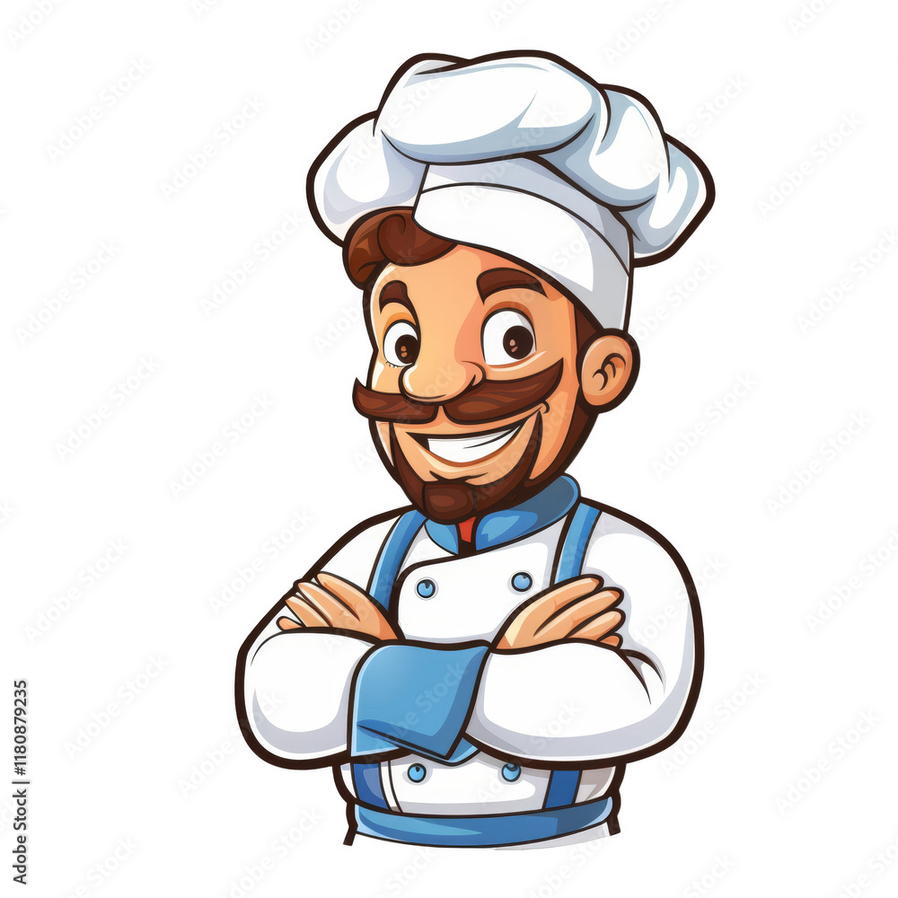 A cartoon chef with a white toque, brown hair, beard, and mustache, smiling with his arms crossed. A cartoon chef with a white toque, brown hair, beard, and mustache, smiling with his arms crossed.