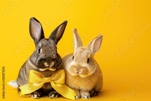 two Cute rabbits on a bright yellow background in a bow. funny animal photo