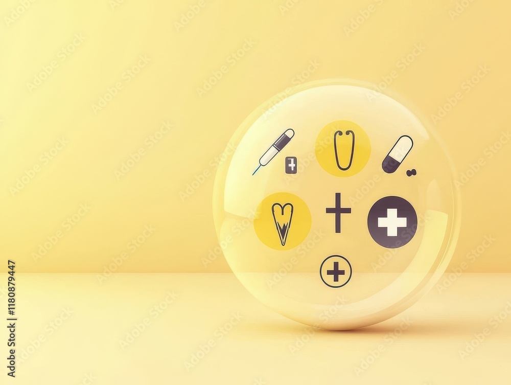 Illustration of healthcare symbols on a soft yellow background.