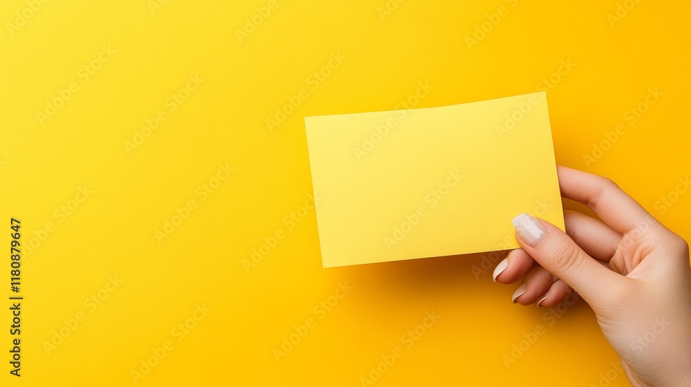 A hand holding a blank yellow card against a matching yellow background. A hand holding a blank yellow card against a matching yellow background.