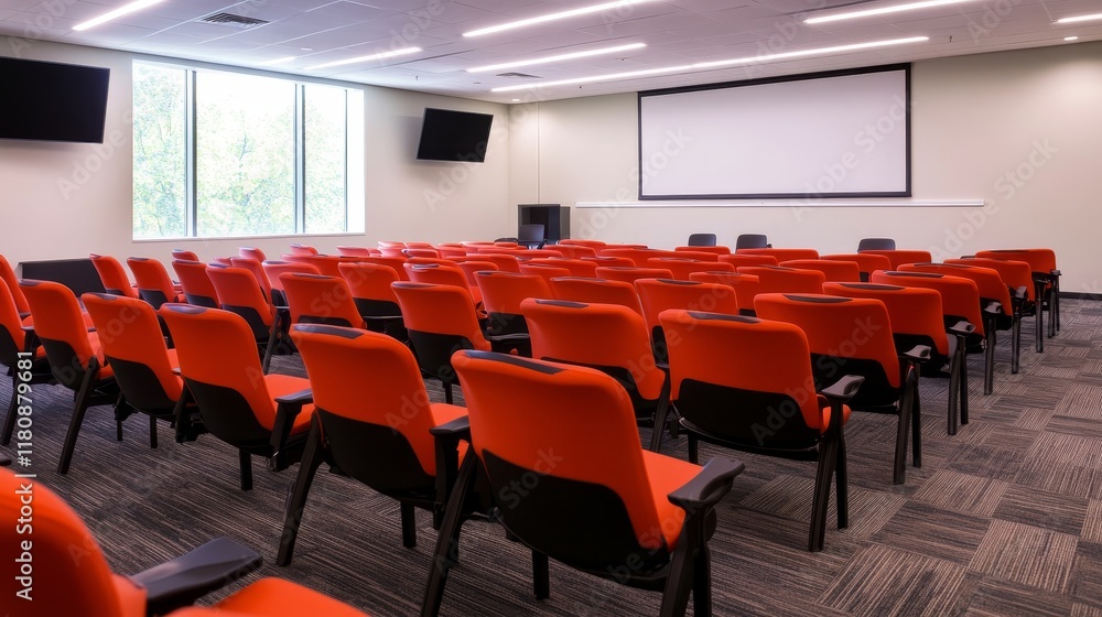 Naklejka premium A modern seminar room with orange chairs, designed for presentations and discussions.