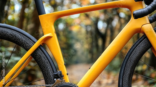 Close-up view of a yellow carbon road bike frame, showcasing its sleek design and high-quality components. Perfect for cycling enthusiasts and road bike lovers.