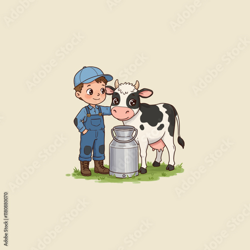 A cartoon illustration depicts a young boy farmer standing beside a cow and a milk can in a grassy field.