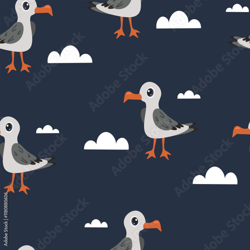 Colorful seagull pattern design on a dark blue background with white clouds