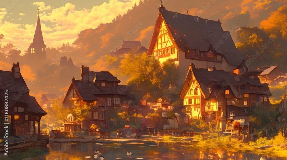 Fototapeta premium A picturesque village at sunset, featuring warm colors and scenic views