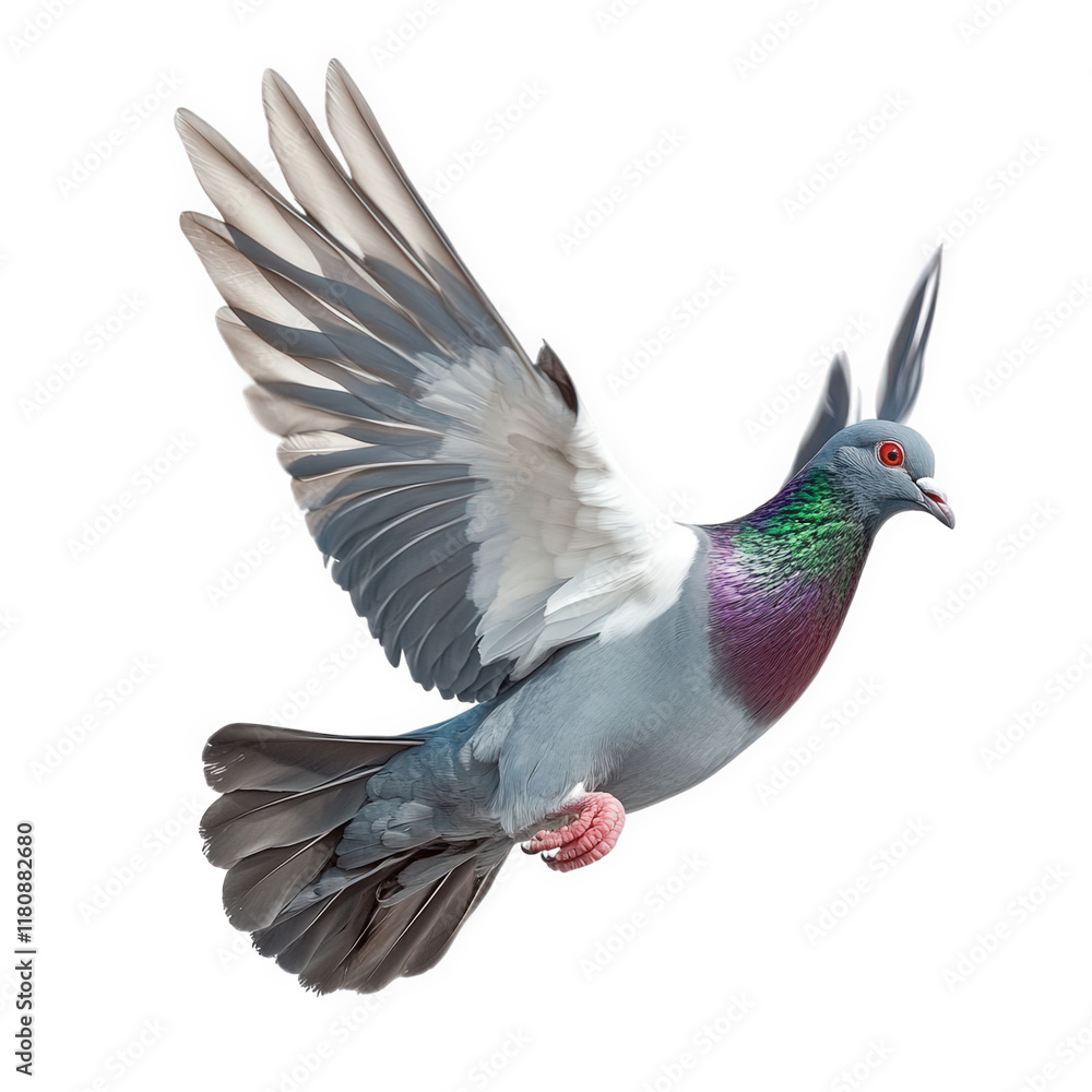 Obraz premium a pigeon in mid-flight. showcasing its vibrant plumage with a striking green and purple sheen on its neck. and wings spread wide. emphasizing its graceful movement the background is plain white. highl