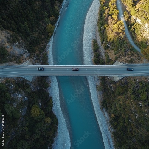 Aerial top-down cars driving over Rakaia Gorge Bridge over Rakaia River, New Zealand photo