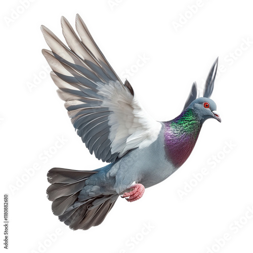 a pigeon in mid-flight. showcasing its vibrant plumage with a striking green and purple sheen on its neck. and wings spread wide. emphasizing its graceful movement the background is plain white. highl photo