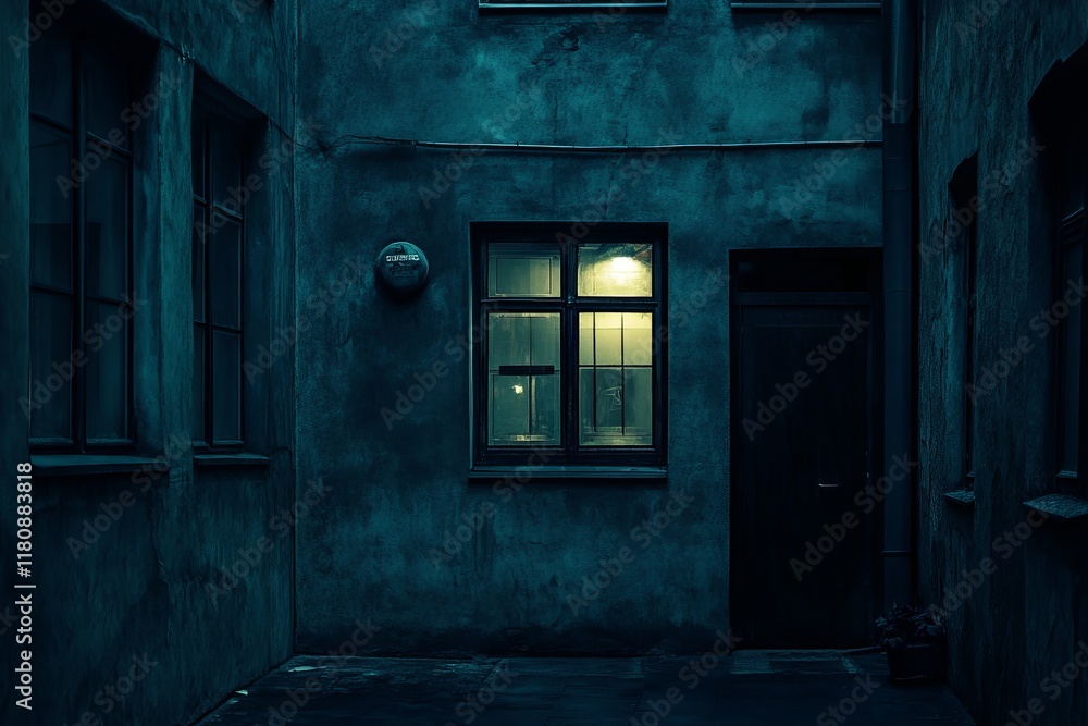 Dark alleyway at night with lit window and door. Dark alleyway at night with lit window and door.