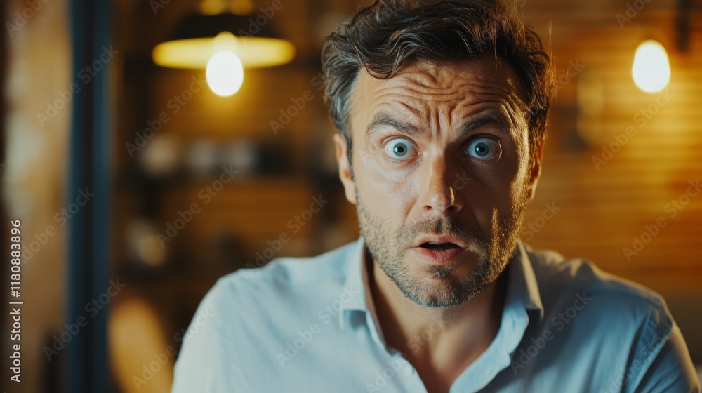 Man with wide open eyes in surprise expression indoors portrait looking directly at camera Man with wide open eyes in surprise expression indoors portrait looking directly at camera