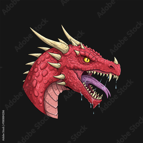 A detailed illustration showcases a red dragons head fiercely roaring with its mouth open displaying sharp teeth and horns.