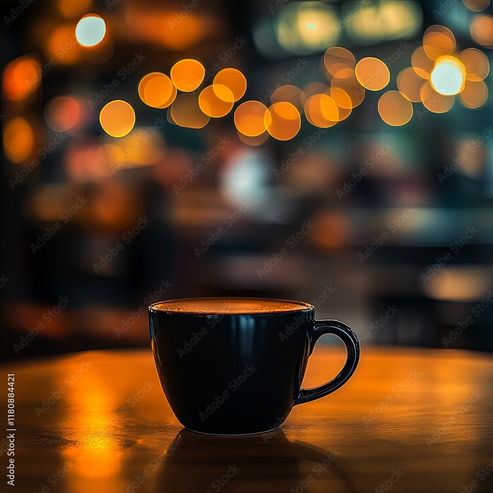 Obraz premium a cup of coffee on the table in the cafe coffee shop, in colorful blurred bokeh background, black coffee cup