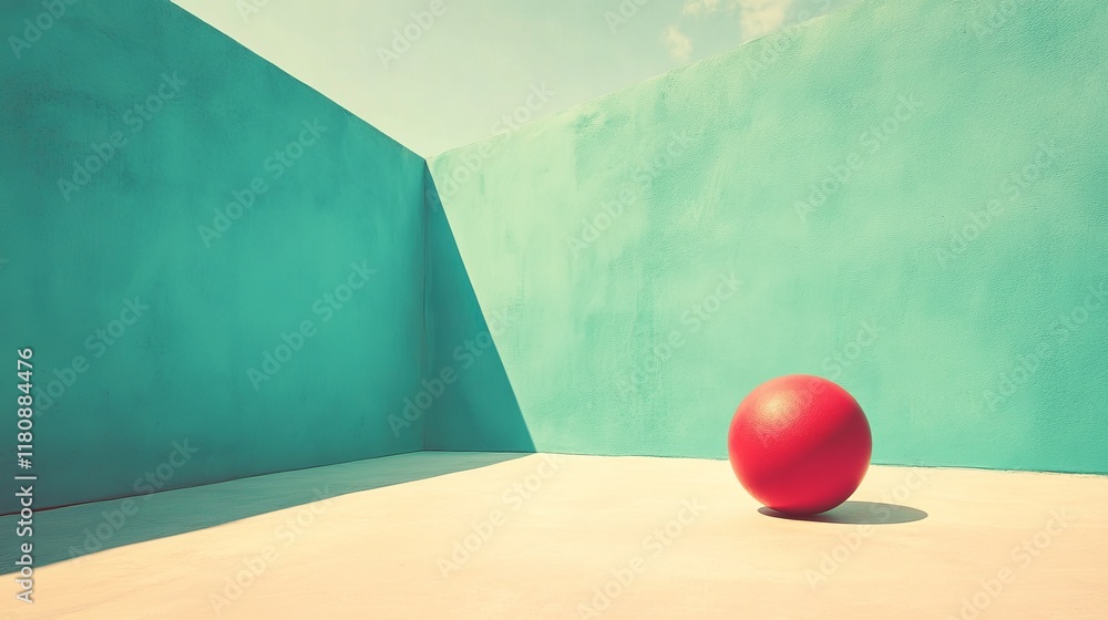 A minimalist scene featuring a red ball in a turquoise space with soft lighting. A minimalist scene featuring a red ball in a turquoise space with soft lighting.