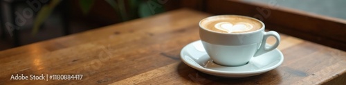 Wooden cafe table with a heart shaped cup of white mocka, wooden, coffee shop photo